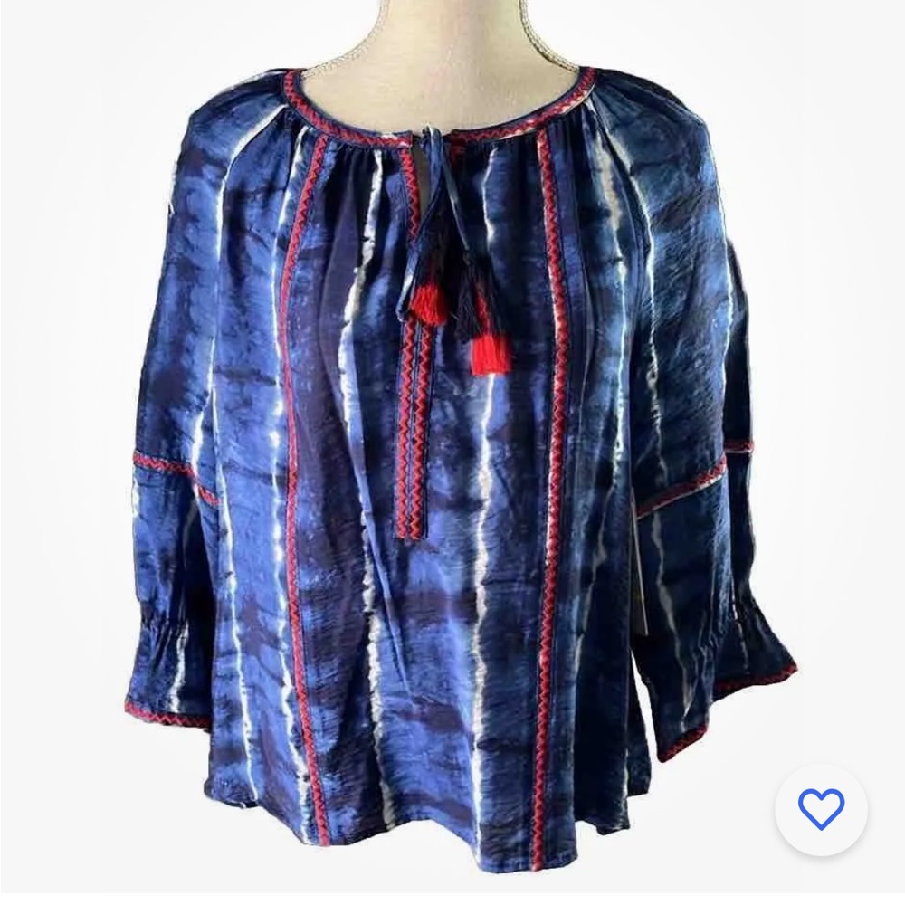 NWT Multiples Blue White w Red Ric Rac and Neck Tassels 3/4 Sleeves Size $79